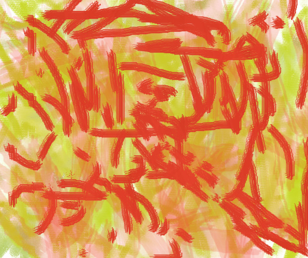 red wormlike strokes on a pastel background