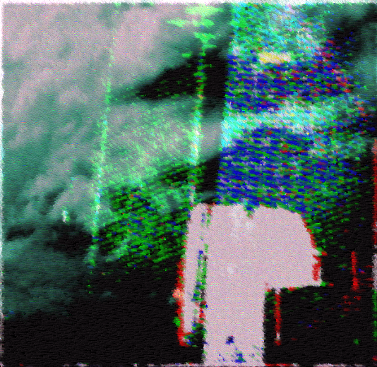 two colourful, mainly green panels, like glass doors or holographic pages of a book